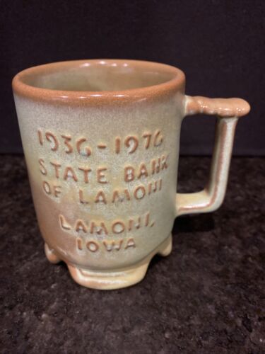 FRANKOMA Pottery Prairie Green COFFEE MUG CUP LAMONI IOWA State Bank Anniversary - Picture 1 of 10