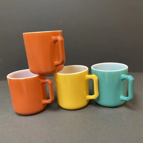 Hazel Atlas Coffee Cups Mug D Shape Handles Vintage Lot Of 4 Gold,green,rust