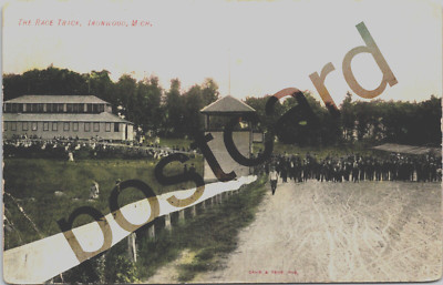 1908 IRONWOOD MI, The Race Track, horses, Davis & Fehr Pub. postcard jj312