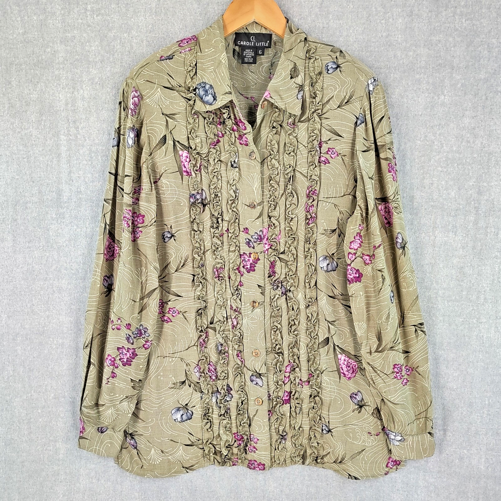 Carole Little Crinkle Rayon Blouse Womens 6 Green Ruffled Button Refined Classic