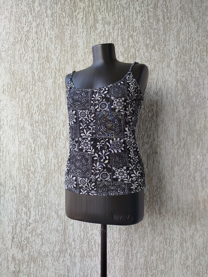 ESPRIT Top Sin Mangas Cami Gótico Tribal Estampado Floral Negro Vintage Años 00 Talla XL Foto 4 de 4