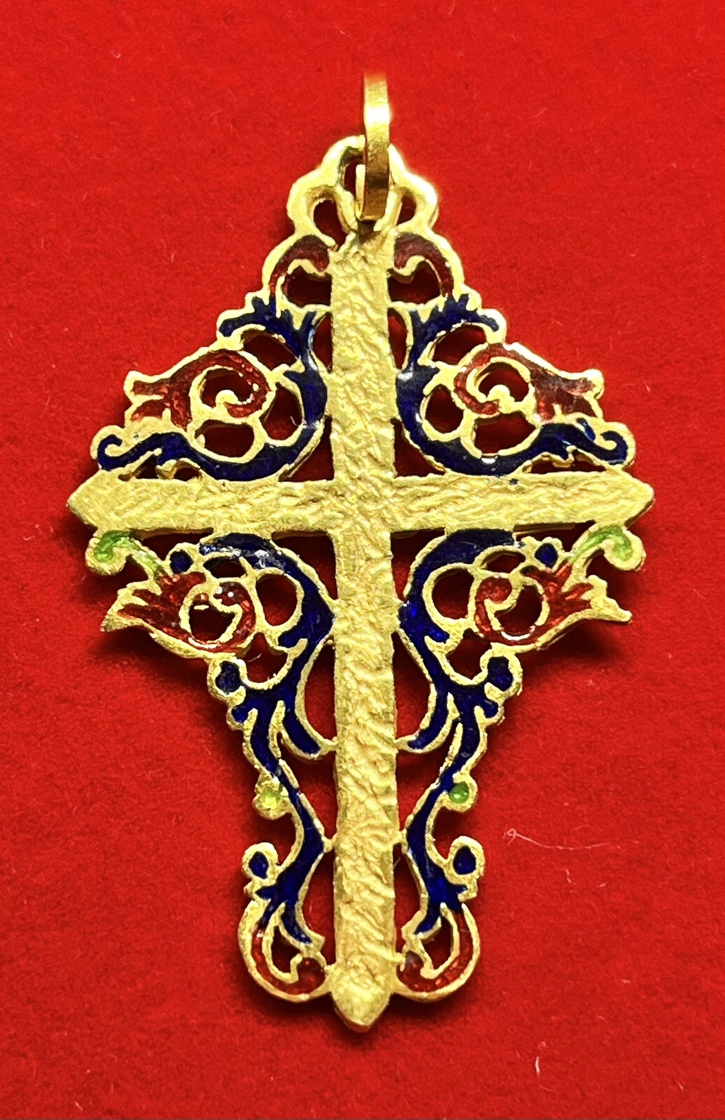 Antique 22K Yellow Gold Enameled Cross Pendant Gem