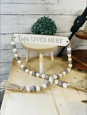Love Lives Here Beaded Wood Banner Unique Farmhouse Decor NEW