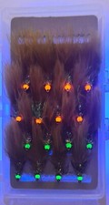 Trout Flies - Damsel Nymphs Green & Orange Fluorescent Hotheads & box selection