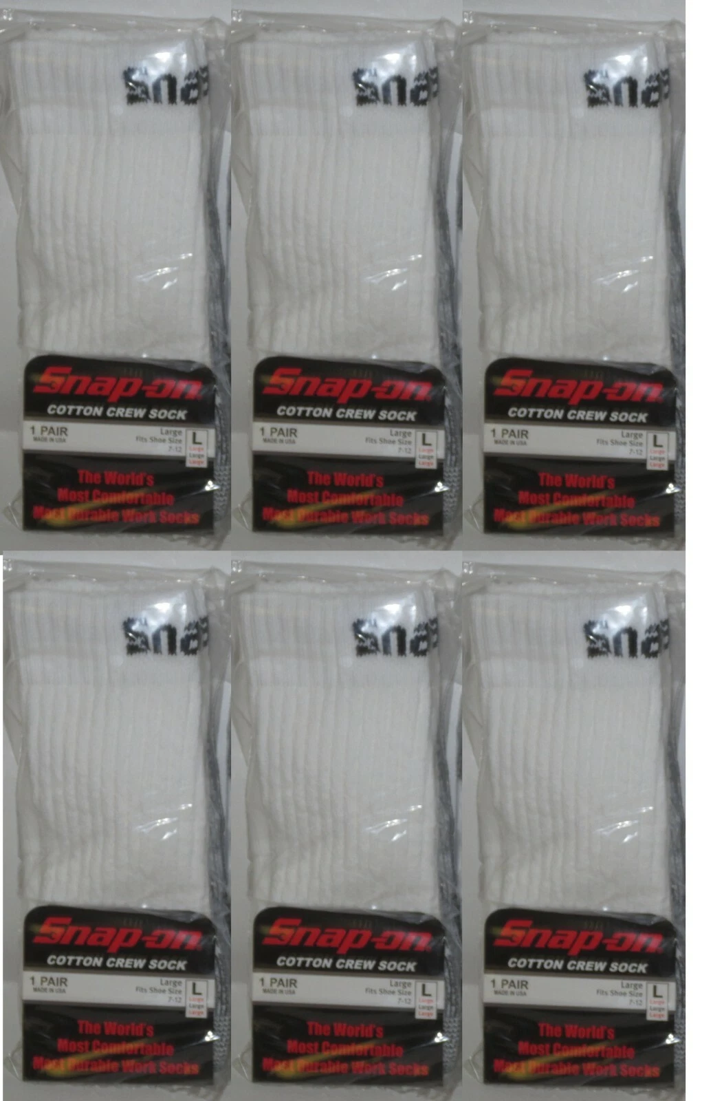 6 PAIRS Snap-On CREW Socks Men's WHITE LARGE ~ FREE SHIPPING ~ MADE IN USA *NEW*