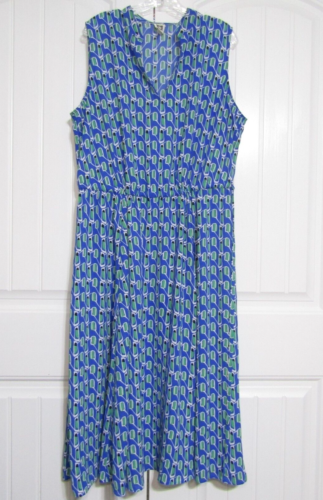 Anne Klein Sun Dress Size 2X Blue Green Sleeveless V Neck Drawstring Pullover