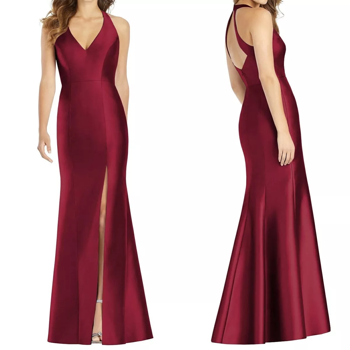 NEW D761 ALFRED SUNG Burgundy V-NECK HALTER Satin BRIDESMAID Trumpet SLIT  GOWN 6