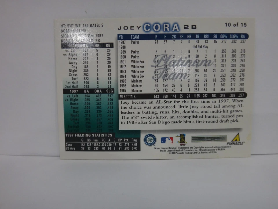 1998 Score Team Collection Seattle Mariners Platinum Team Joey Cora #10 - Image 2 of 2