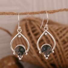 Anniversary Gift For Her Moss Agate Drop/Dangle Healing Earrings 925 Silver