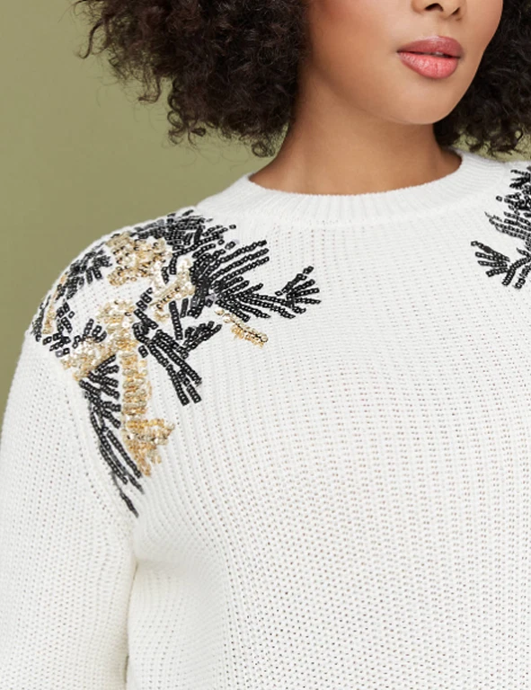 Lane Bryant Ivory Sequin Embellished Crew Neck Sweater Womens Plus Size 26 28 4X