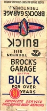 Brock's Garage with Buick, Trenton, New Jersey Vintage Matchbook Cover