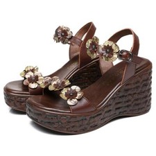 Vintage Women's Flowers Platform Wedge Heel Ankle Strap Sandals Leather Shoes OL