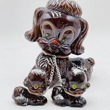 Artmark Hand-Painted Anthropomorphic Redware Poodle  Dog Mom 2 Puppies on Chain