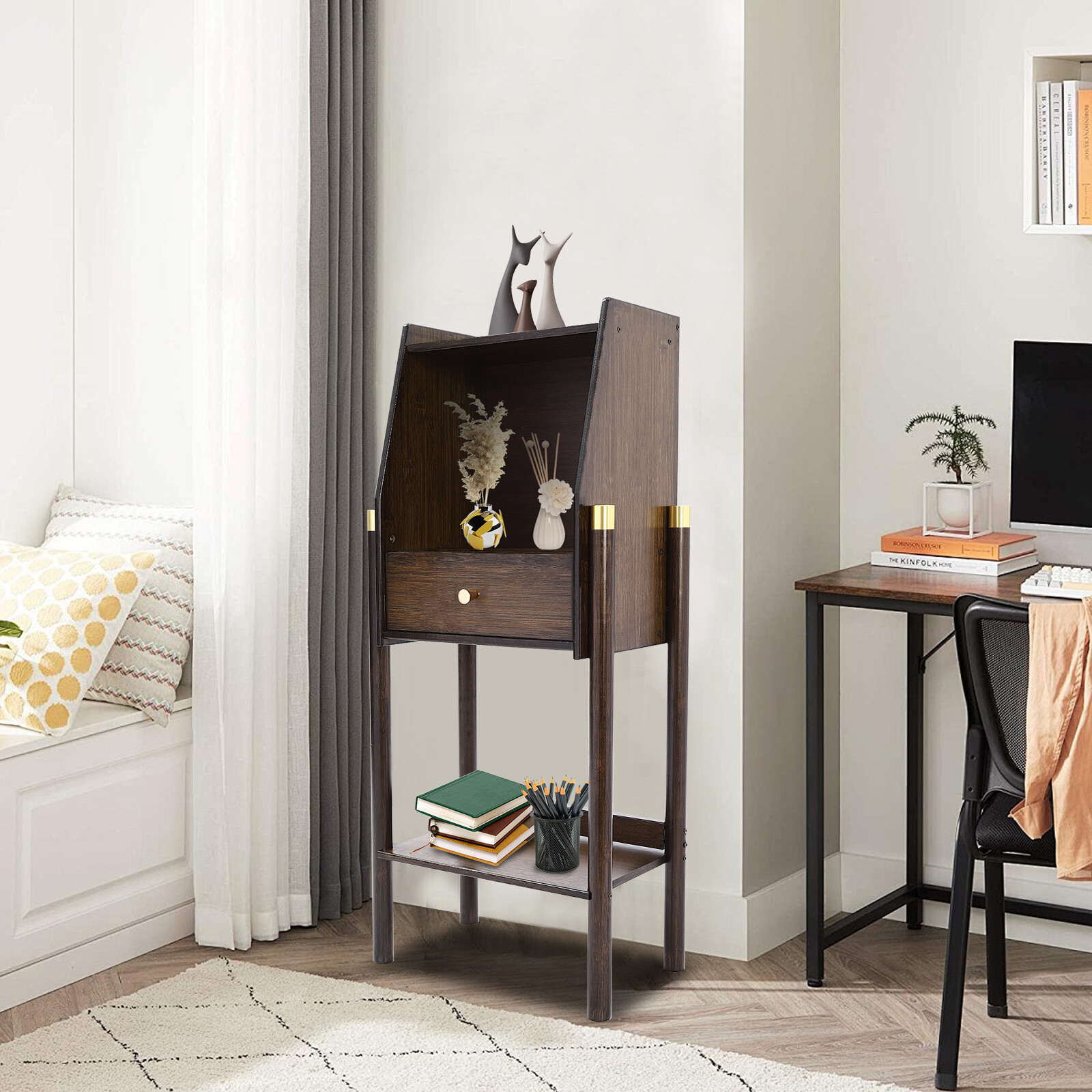 3-Tier Bamboo Bookshelf with Drawer Freestanding Storage 60kg Capacity