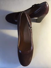 CATHY JEAN WOMEN'S 3.5 BlOCK HEEL SHOES Brown Suede Leather Trim With Buckle 6