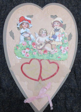 LG 1920's Valentine Card LAYERED EMBOSSING Die Cut HEART Cupid Children Scraps