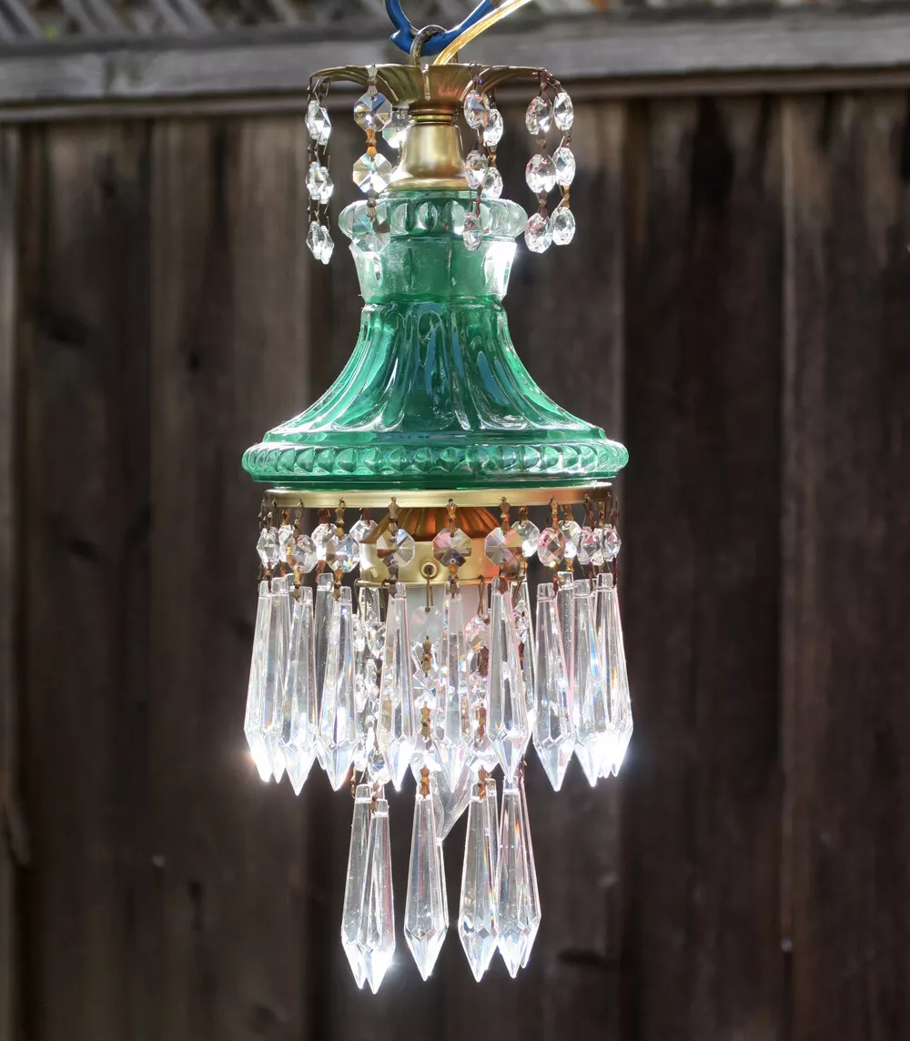 Vintage dark Emerald Green Lady cupcake glass Brass SWAG lamp chandelier crystal