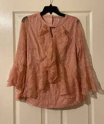 Isaac Mizrahi Live! Chantilly Lace Ruffle Top w/ Keyhole Neck Rose Blush Reg 14