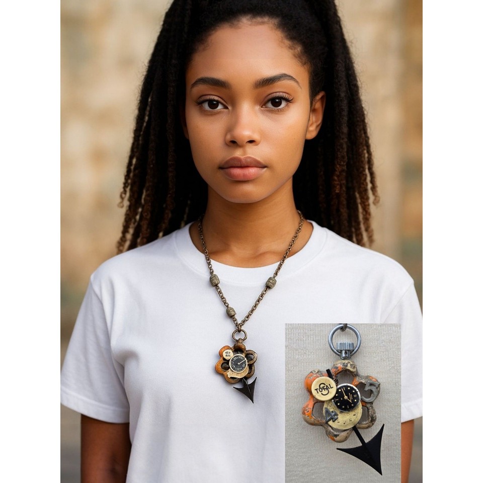 A wearable sculpture built from upcycled vintage watch parts and raw pyrite — steampunk meets geology in the best possible way.