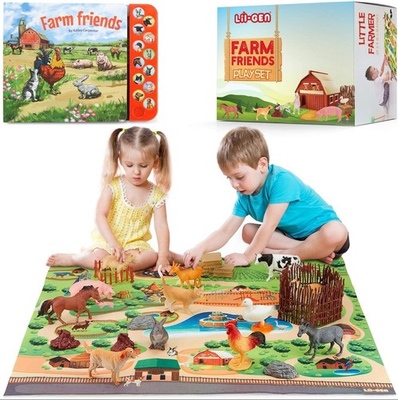 #ad Lil Gen Toys Farm Friends Playset 12 Animal Figures Sound Storybook Playmat $22.95