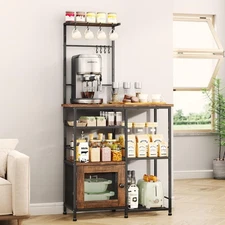 Bakers Rack with Storage - Coffee Bar Cabinet Organizer with 8 Hooks, Shelves...