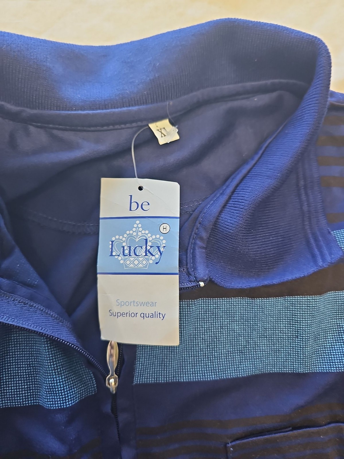 New Be Lucky Blue Striped Quarter-Zip Polo Shirt xl KK211 image 2