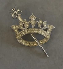 Vtg Ora Silvertone Brilliant Clear Rhinestone Crown Scepter Brooch Pin