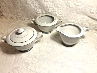 Fine China of Japan Ardis Sugar Bowl & Lid &Creamer Set W Silver Trim