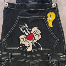 Y2K Looney Tunes Embroidered Overalls Medium Black Denim Sylvester Tweety Bird
