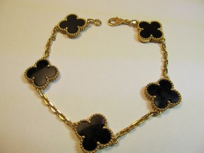 Van Cleef & Arpels Vintage Alhambra 18K Gold Bracelet, 5 Motifs, Black Onyx