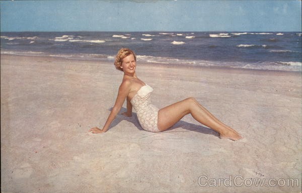 Swimsuit/Pinup Woman Sunbathing the Beach Antique Original Vintage Postcard-image