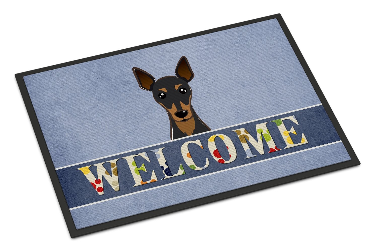Caroline's Treasures BB1426MAT Min Pin Welcome 18x27, Blue Front Door Mat