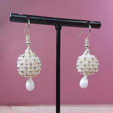 Handmade White Beaded Pearl Dangle Earrings - New 