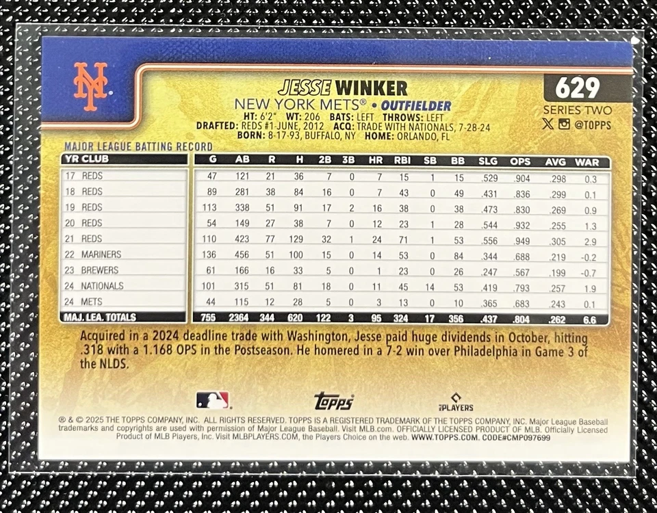 2025 TOPPS SERIES 2 JESSE WINKER GOLDEN MIRROR IMAGE VARIATION SSP METS #629 - Image 2 of 2