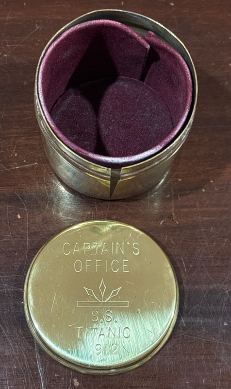 Vintage "Captain’s Office S.S. Titanic 1912" Round Brass Trinket Box 2.5" x 2.5"
