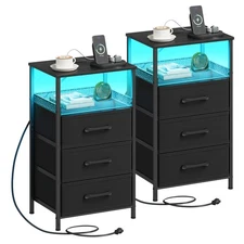 Night Stand Set 2 with Charging Station, 3 Drawer Nightstands with LED Lights...