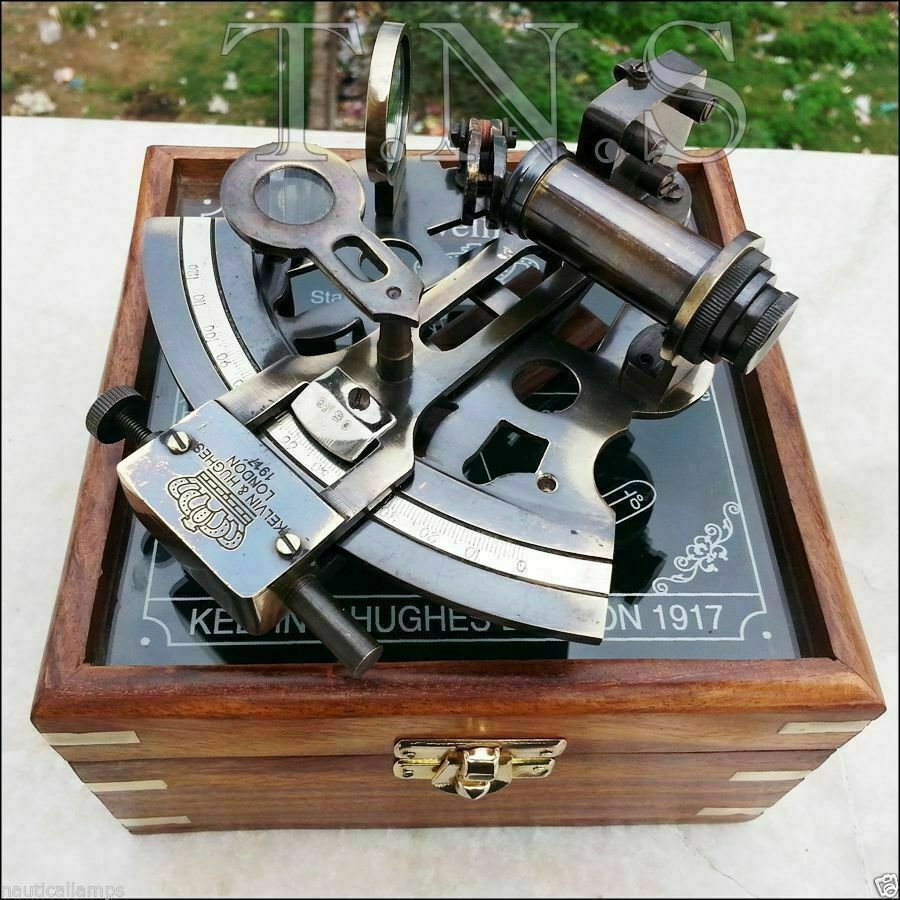 A heavy, working German-made sextant in a wooden case — functional precision engineering from an era before GPS.
