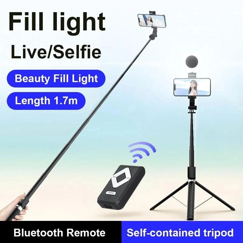 6-in-1 Selfie Stick W/ Fill Light 67' Phone Tripod Bluetooth Remote Live Stream - Image 2 of 4