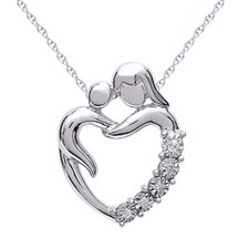 1/10ct Real Diamond Accent Mom holding Daughter Heart Pendant Sterling Silver