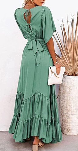 Damen Boho Rüschenärmel fließend Maxikleid Schnürung Rücken Stufen Party A Linie - Bild 10 von 70