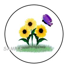 30 SUNFLOWERS AND BUTTERFLY ENVELOPE SEALS LABELS STICKERS 1.5" ROUND GIFTS
