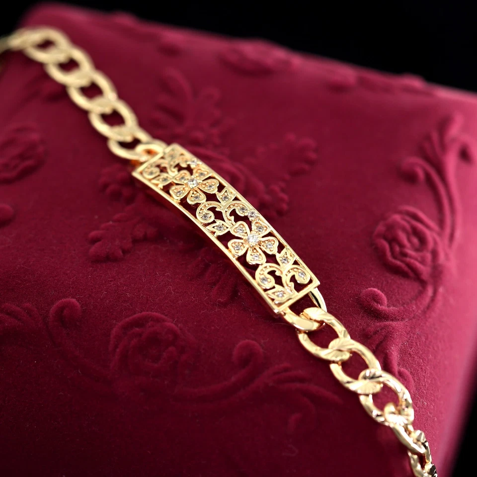 18K ROSE GOLD GF FILIGREE CRYSTAL FLOWER ID BAR CURB CHAIN LADY BANGLE BRACELET Foto 3 de 4