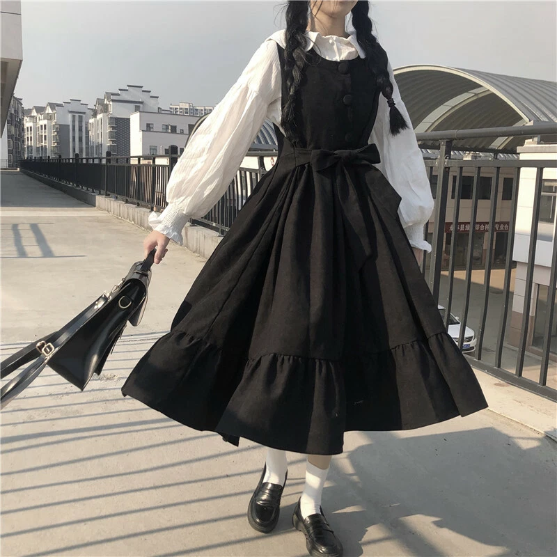 Women Suspender Skirt Vest Dress Sundress Bow Ruffle Solid Casual Retro  Students