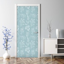 Floral white contour removable blue Door Decal Reusable self adhesive wallpaper