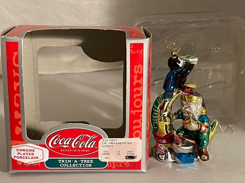 Adorno de porcelana cromado Coca-Cola Coke Santa & Penguin On Moon-Como nuevo