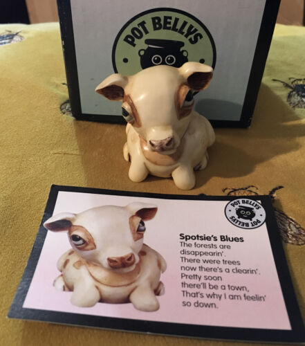 Pot Bellys Resin ‘Spotsie’s Blues’ Cow Trinket Box 2001 Inc Certificate & Boxed - Foto 1 di 11