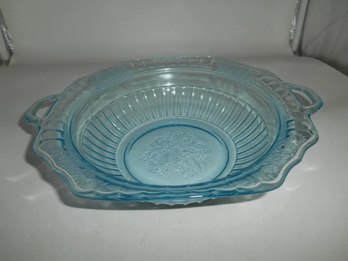 Anchor Hocking Blue Mayfair Open Rose depression 11.5"  Vegetable Bowl w/Handles