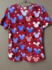 Disney Scrub Top Women's red blue American Mickey Mouse Stars  Stripes Size SM
