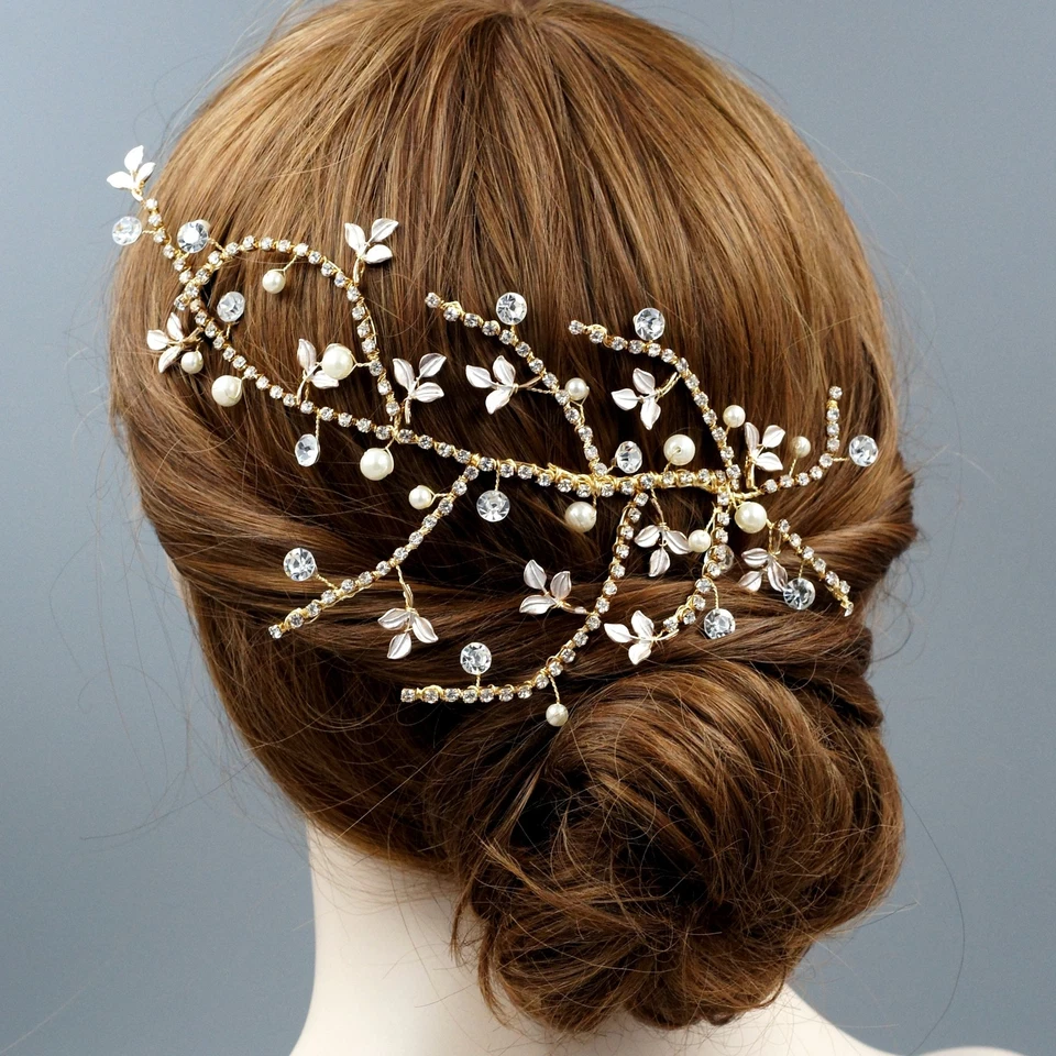 Tocado de perlas con estrás de cristal para cabello nupcial hoja accesorio de boda oro 07237 Foto 4 de 4
