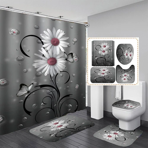 Red Rose Bathroom Non-slip Mat Set Waterproof Shower Curtain Toilet Bath Mat - Bild 40 von 40